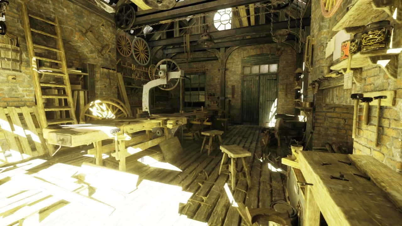 Scena di preparazione dell'officina con allestimento mattutino, attrezzi e assi di legno