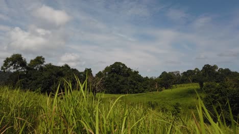 Landscape,-Bluesky,-Moving-Clouds,-People-Nature-Walking-at-a-Distance