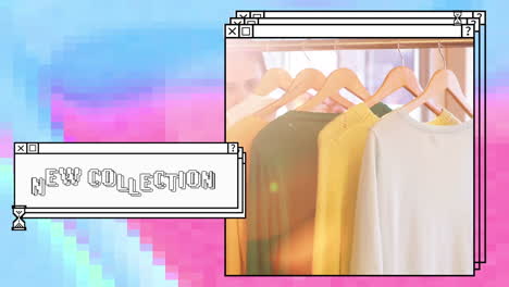 animación del texto de la nueva colección en una ventana apilada, con una mujer mirando la ropa en el carril en la tienda