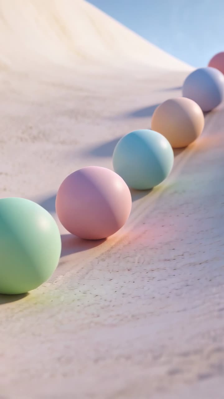 Vertical video: Rolling pastel spheres moving down sand dune, gravity making single-file dust trail