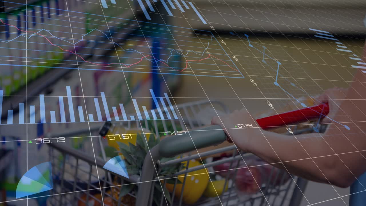 Woman pushing grocery cart, phone starting AR overlay: grid, charts, rotating ring HUD around hand
