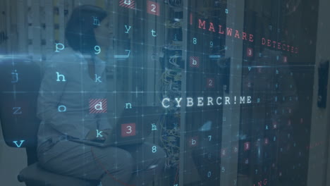 animation of cyber attack text and data processing over caucasian female it technician with laptop
