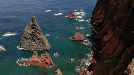 Drone-Fly-Over-Limestone-Sediment-Formations-At-Ponta-De-Sao-Lourenco-In-Madeira,-Portugal