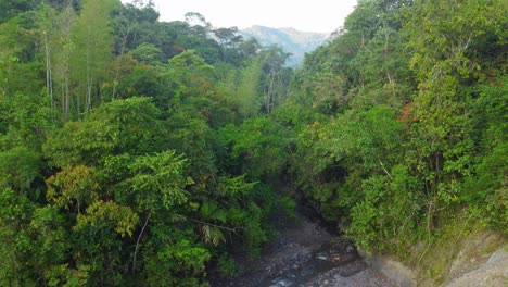 slow-aerial-descent-into-the-subtropical-backcountry-of-Risaralda,-Colombia-revealing-a-rock-lined-mountain-river-Rio-Negro