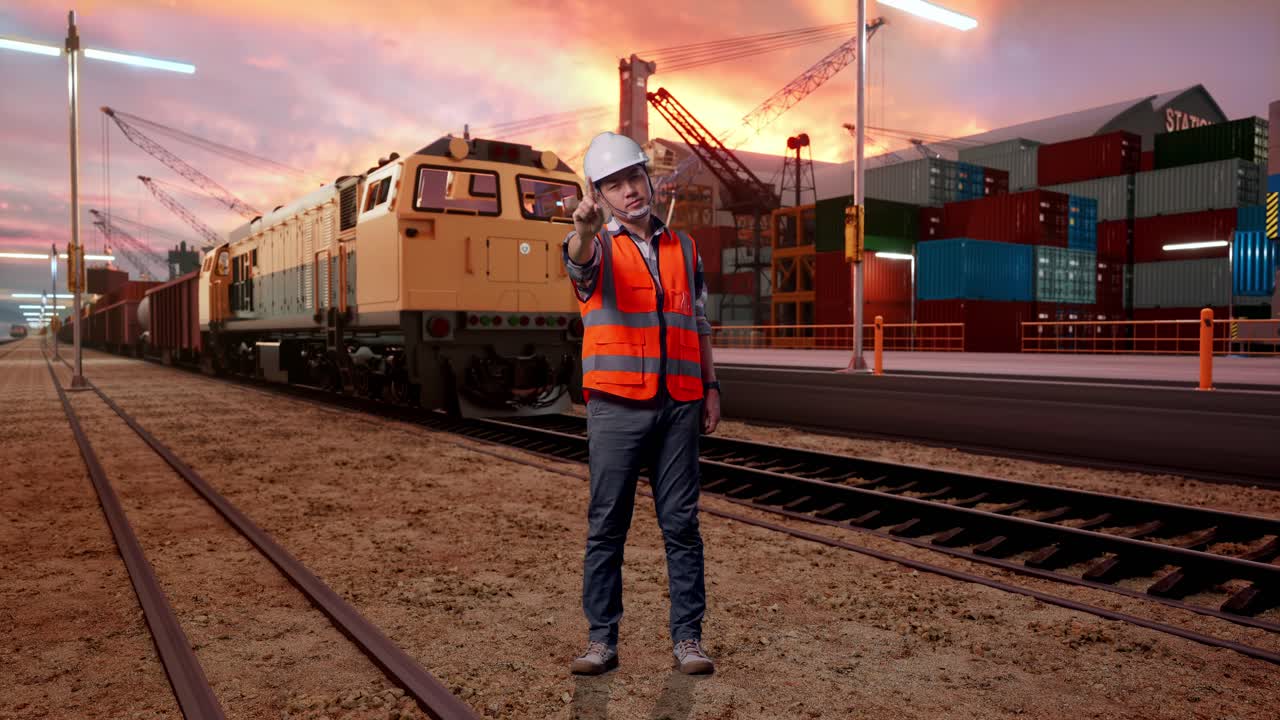 Full Body Of Asian Male Engineer With Safety Helmet Disapproving With No Index Finger Sign While Standing With Freight Cargo Train At Port