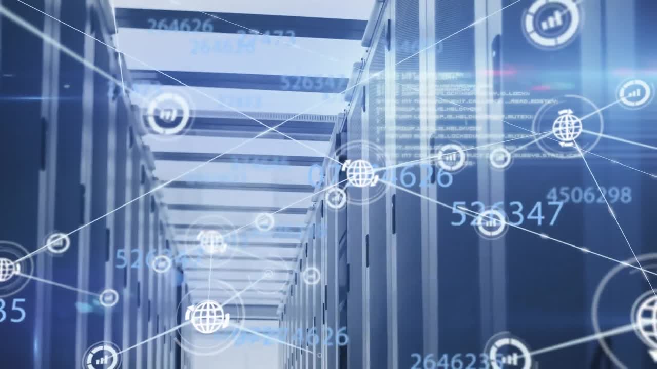 Animation of network of digital icons, changing numbers and data processing against server room