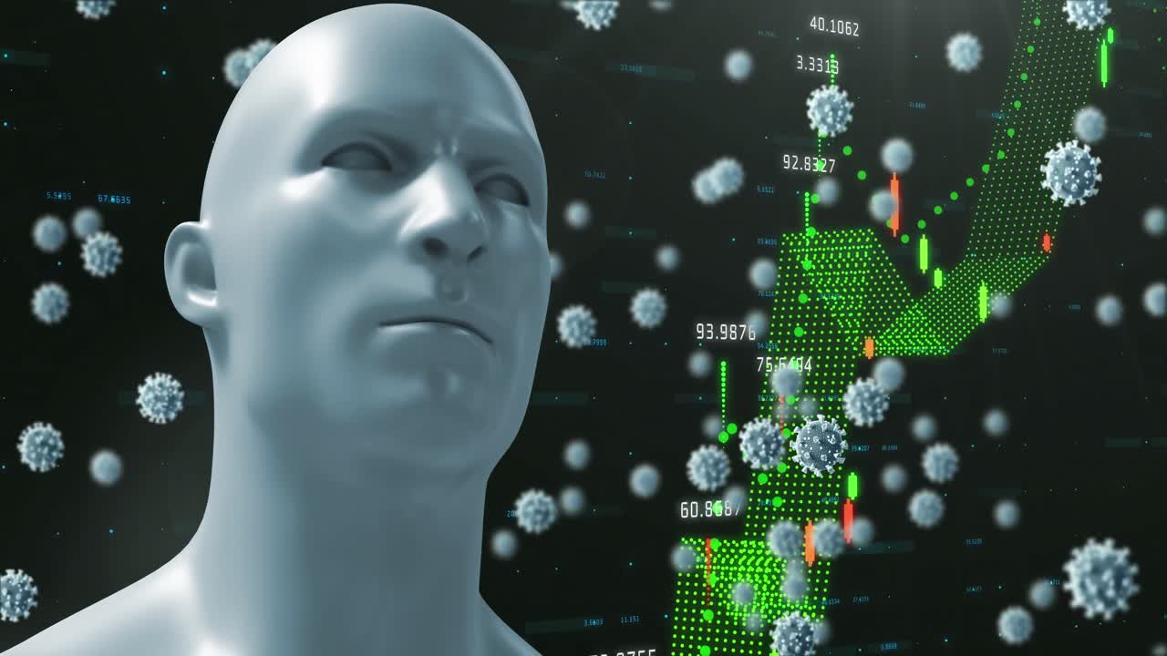 animación de la cabeza humana digital sobre las células del coronavirus flotando