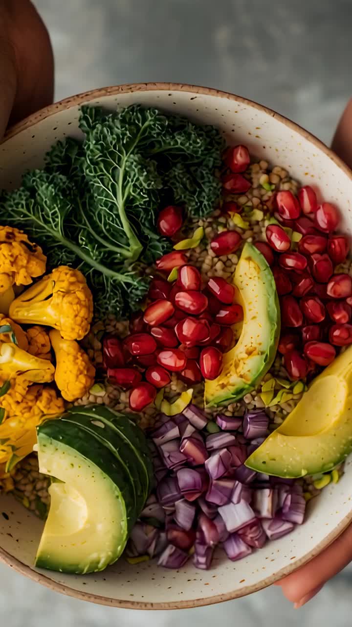Vertical video: Showing hands lowering speckled bowl on counter, rotating plant based salad display
