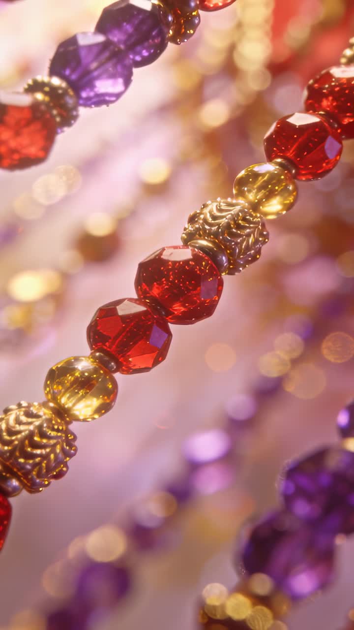 Video verticale: Telecamera che si allontana, rivelando uno studio con un filo di perline rosso-oro, con effetto bokeh che mostra una tenda.