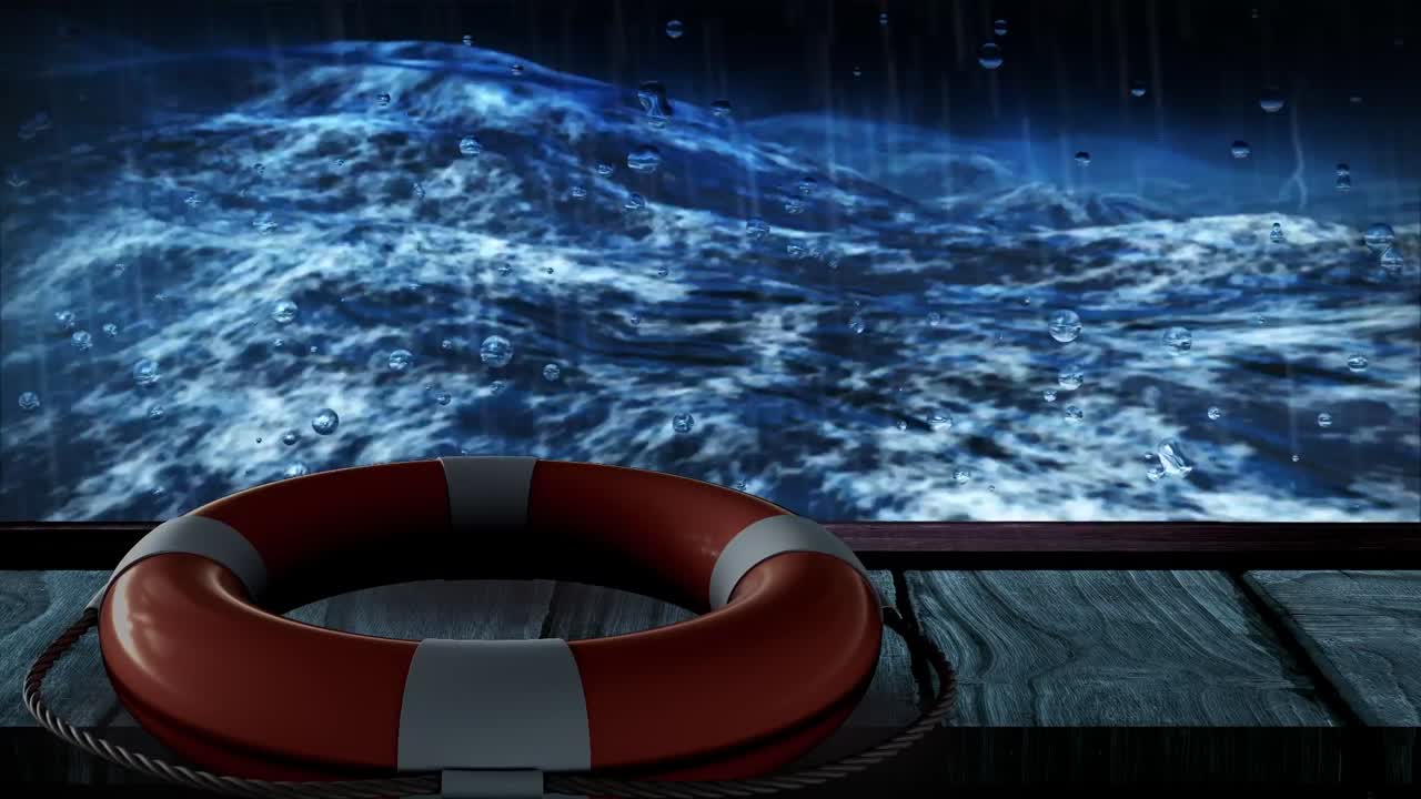 비 와 바다 를 가로질러 나무 로 된 산책로 에 있는 생명 벨트 의 애니메이션