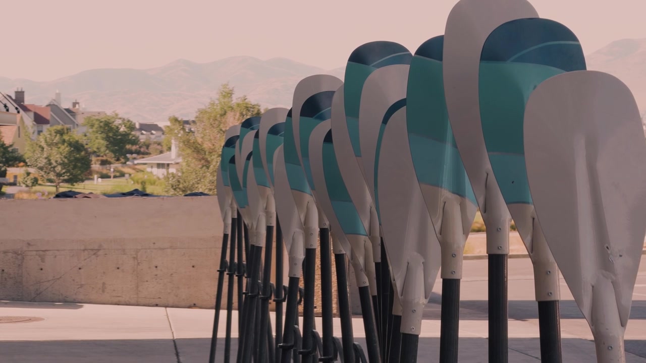 Warm static shot of kayak paddles overlooking a park and lake.