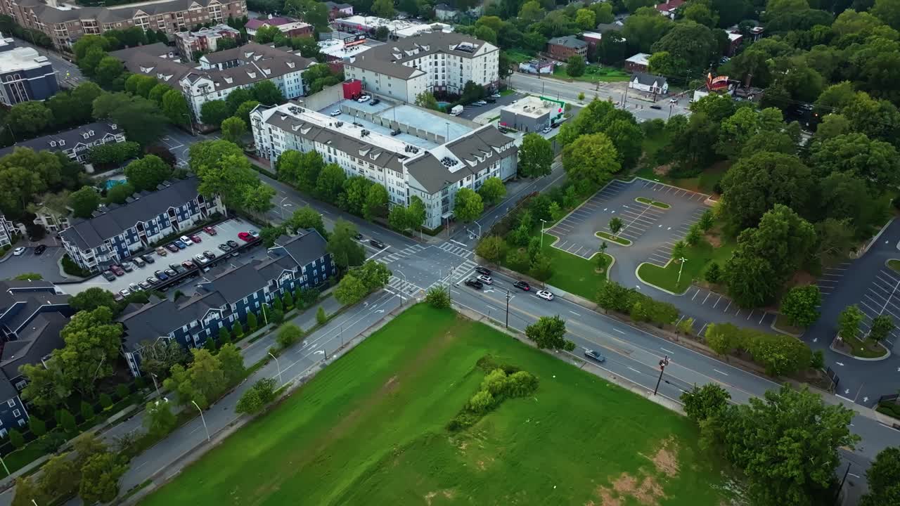 Atlanta city Central Park neighbourhood open green space, green trees, urban park and playground, Modern urban sustainable infrastructure, Georgia, Aerial