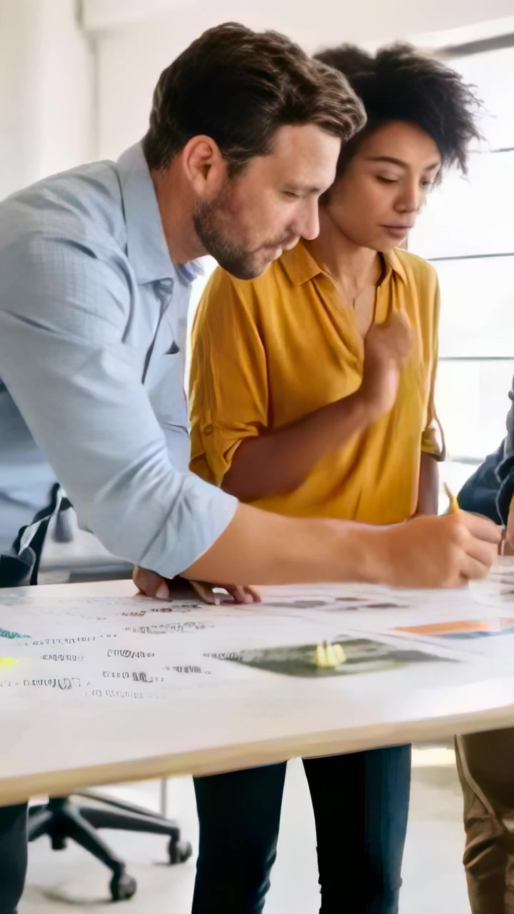 Video vertical: Inicio de reunión, pareja en mesa de oficina marcando páginas con bolígrafo amarillo, vestidos de forma casual.
