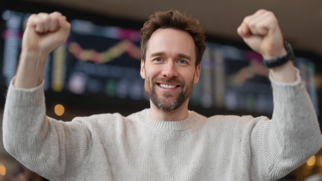 Joyful Celebration of Success in a Business Environment with Financial Data in the Background Showcasing Enthusiasm and Achievement