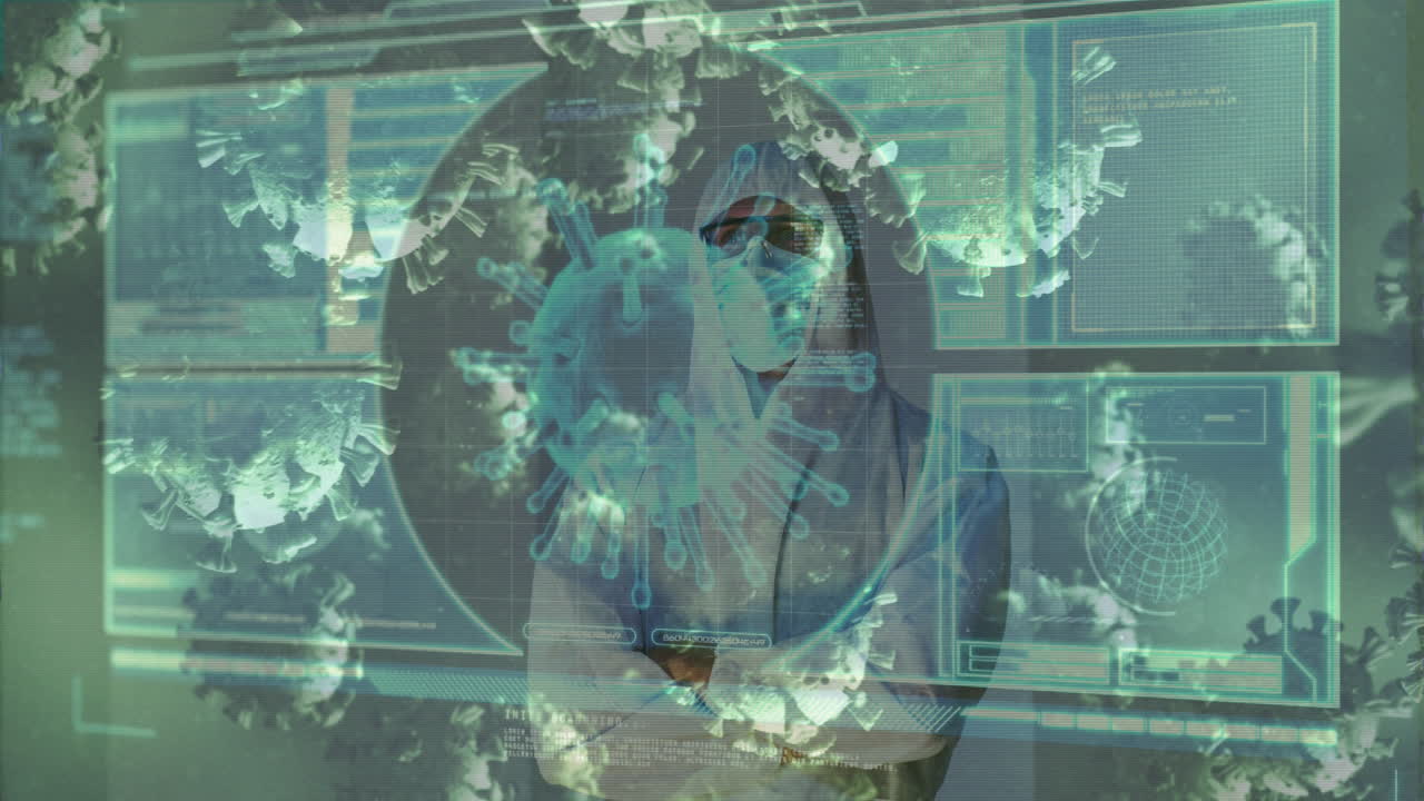 코로나 세포의 애니메이션 남성 의사가 의료 데이터 처리로 화면을 보고 있습니다.