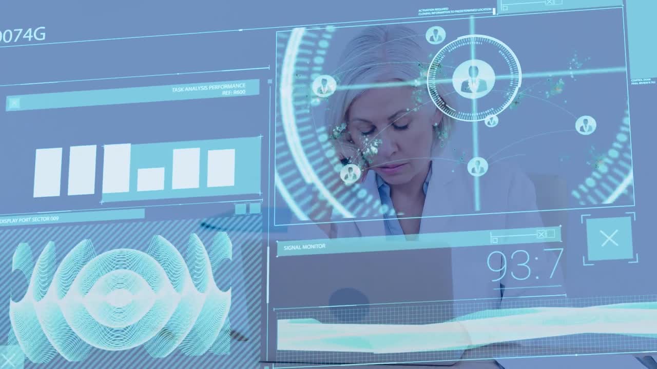 animación de escaneo de alcance y procesamiento de datos sobre una doctora caucásica