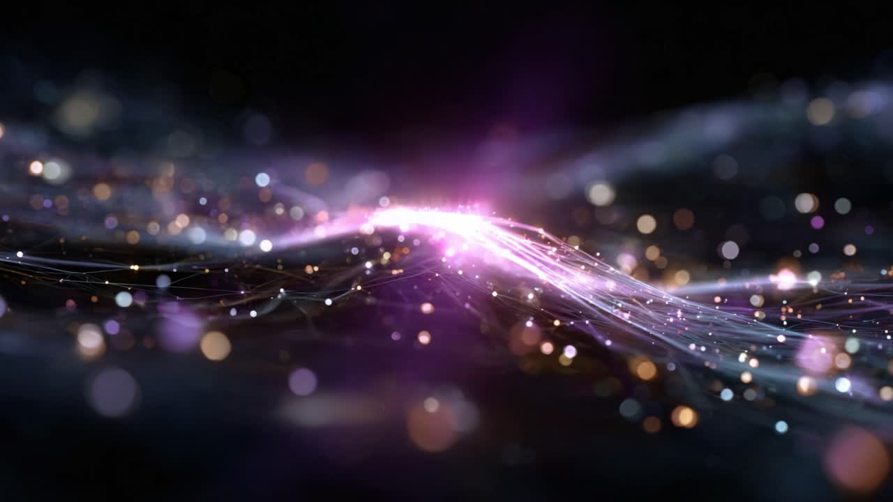 Flusso dinamico di luce cosmica e scintille di energia: un viaggio astratto attraverso particelle scintillanti e onde colorate in un universo oscuro.