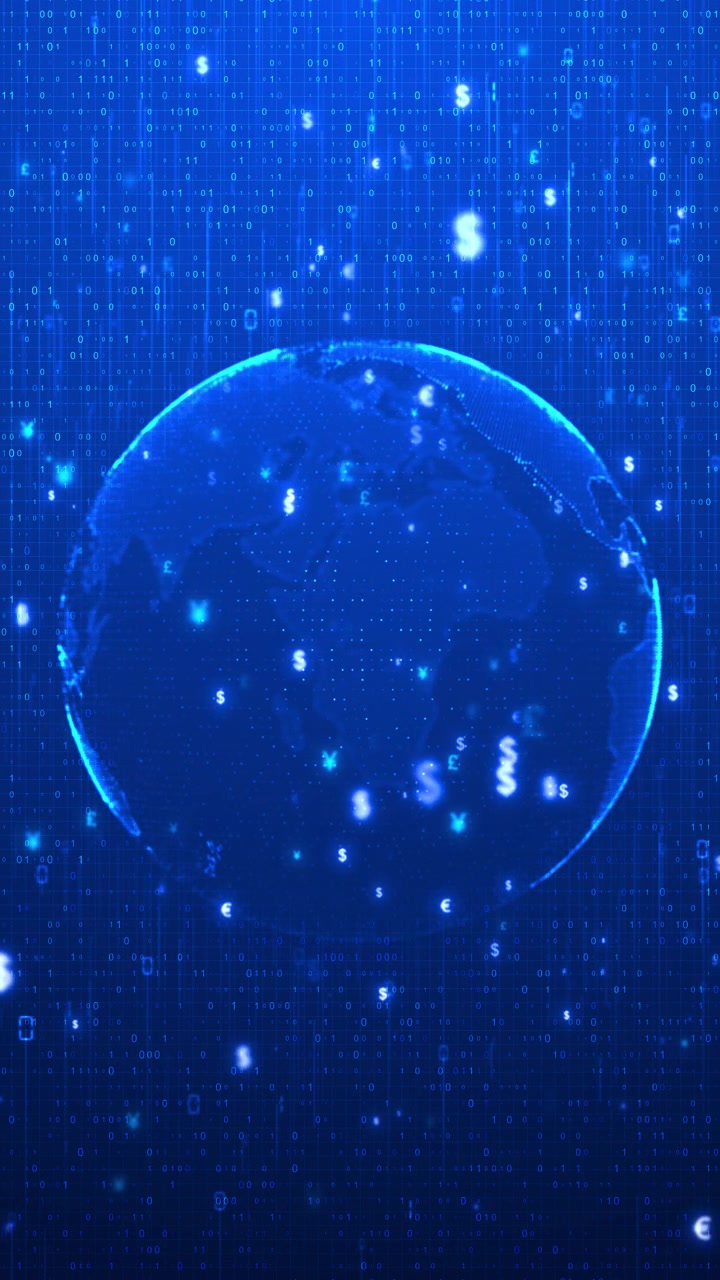 Digital finance globe background with glowing currency symbols binary rain world map dots and blue