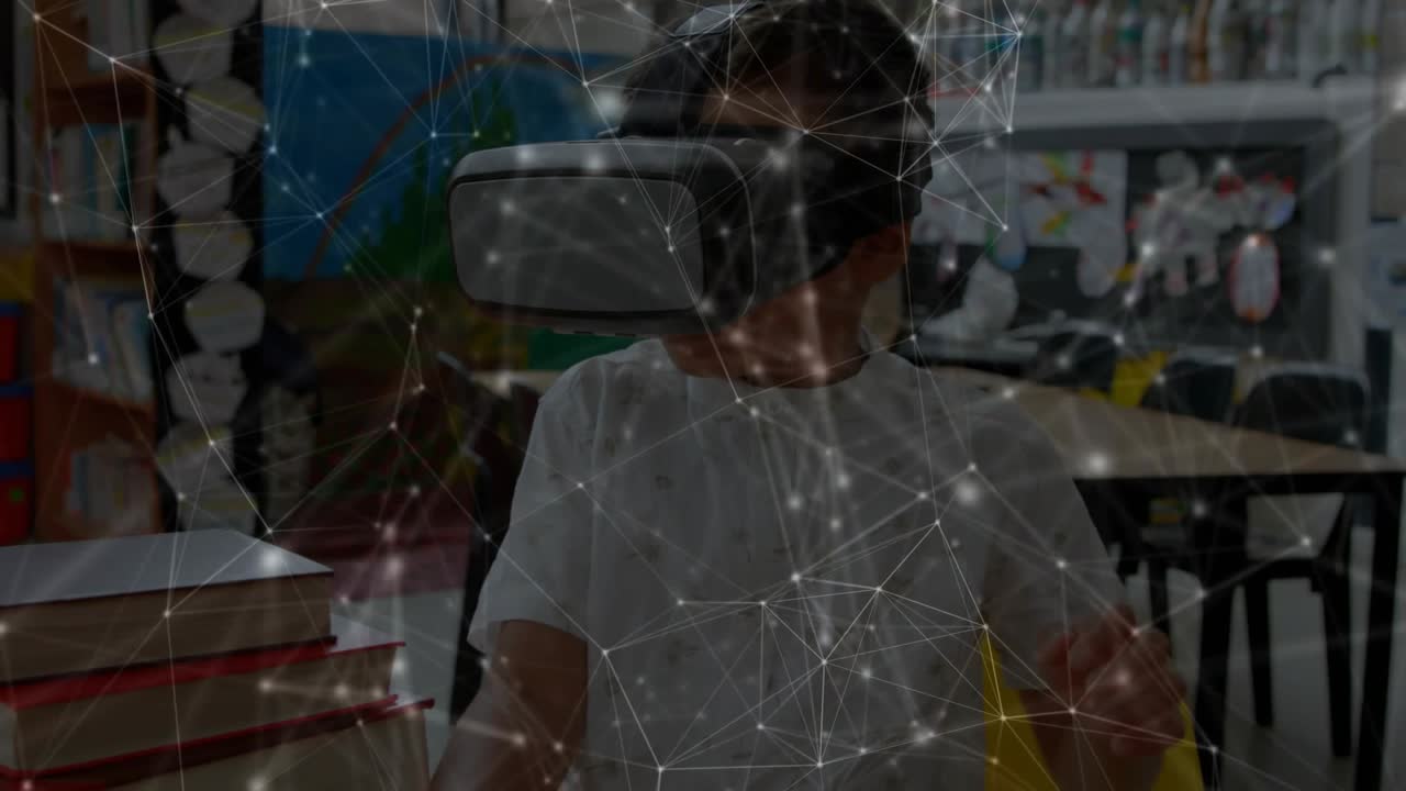 Dreng med VR-headset undersøger rummet ved hjælp af håndbevægelser under netværksoverlejring i undervisningen