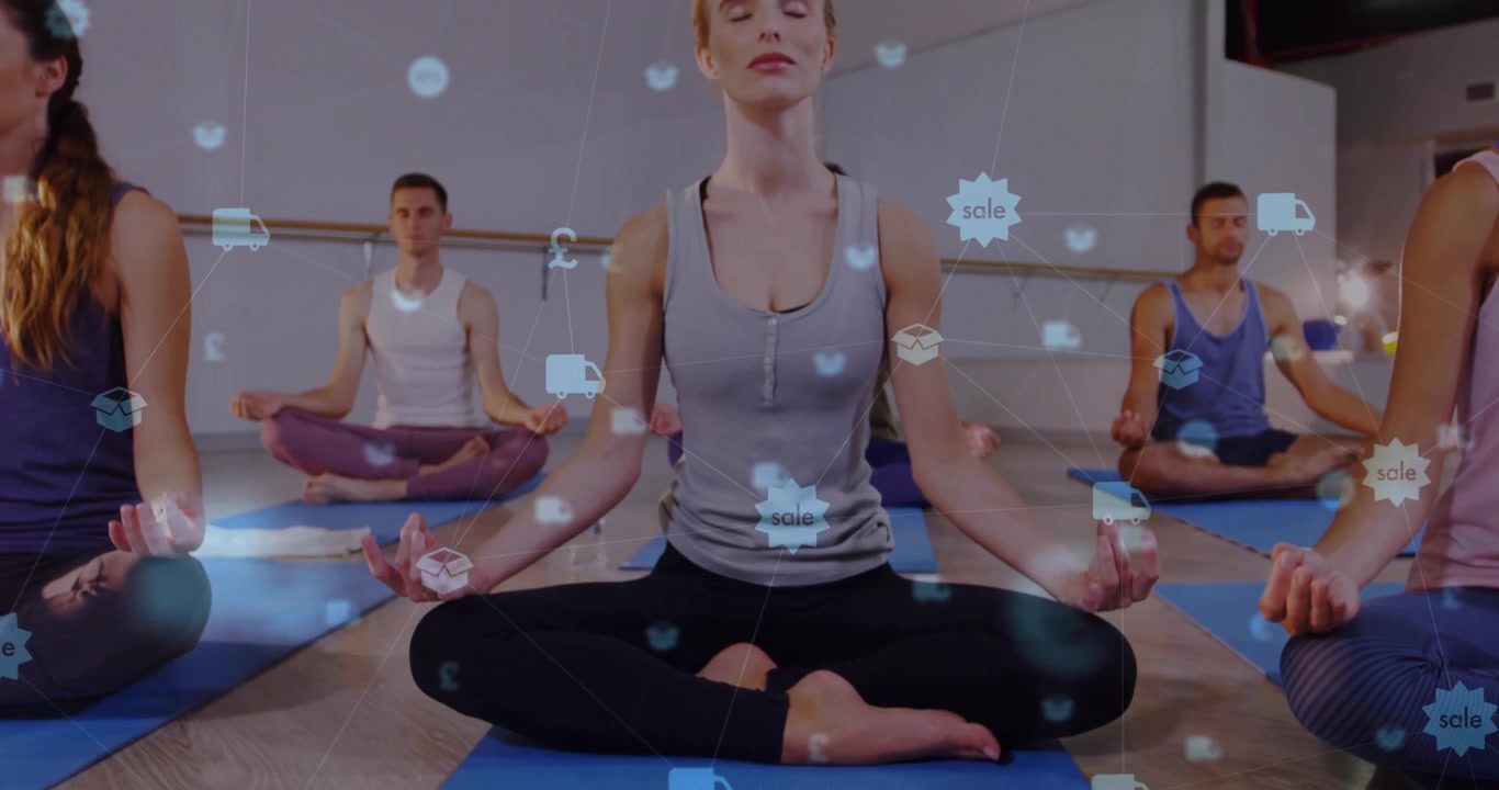 Grupo de Pessoas Praticando Yoga com Sobreposição de Ícones Digitais de E-commerce
