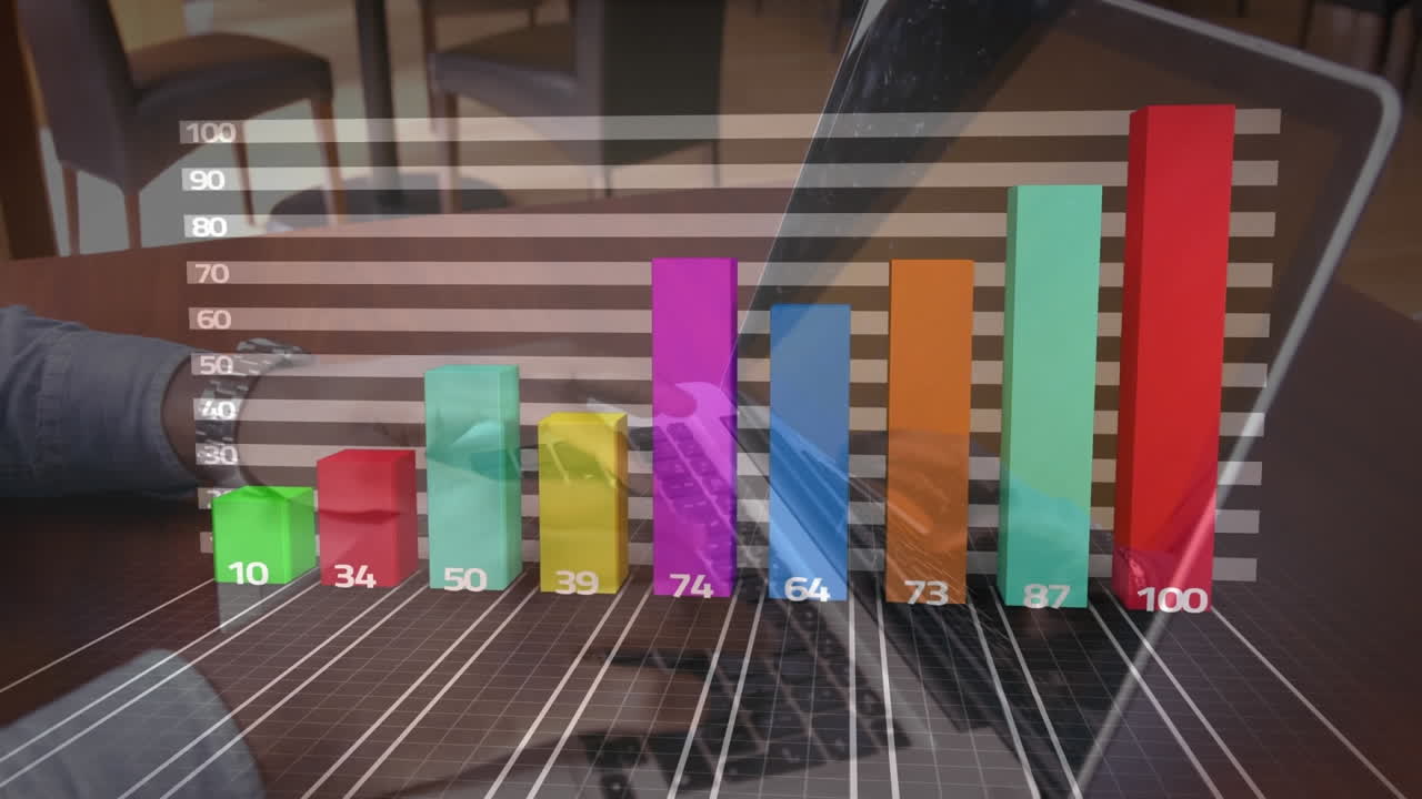 animación del procesamiento de estadísticas sobre un empresario que usa una computadora portátil