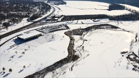 The-amphitheater-at-Liberty-Park,-covered-in-snow-after-a-snow-storm