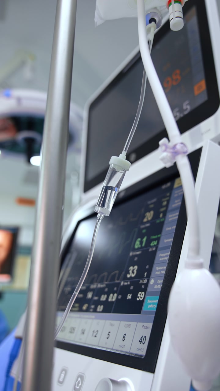 La soluzione fisiologica gocciola lentamente nel contagocce. I monitor di una macchina per la ventilazione polmonare artificiale mostrano i segni vitali sullo sfondo. Video verticale.
