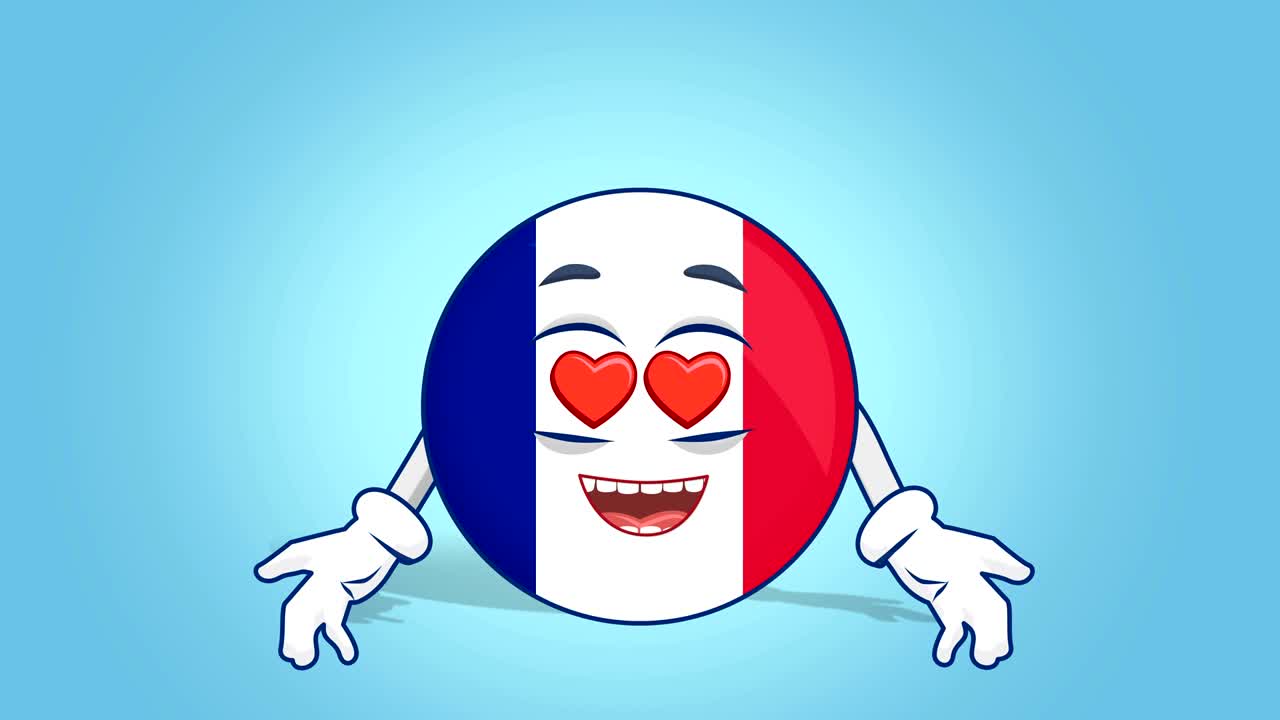 icono de dibujos animados bandera de francia ojos de corazón de amor con animación de cara con alfa mate
