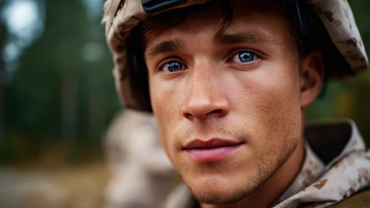 Portret van een jonge soldaat in camouflage-uniform met intense blik, te midden van een natuurlijke achtergrond die moed en toewijding aan de plicht weerspiegelt in een vredesmissie