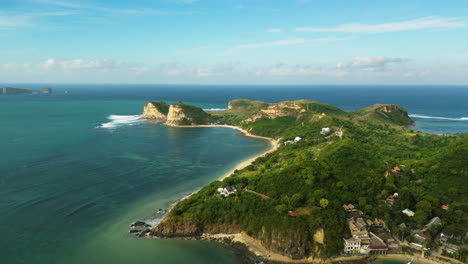 Aerial-view-of-Lombok-peninsula-and-exotic-coastline,-Gerupuk-Village,-Indonesia