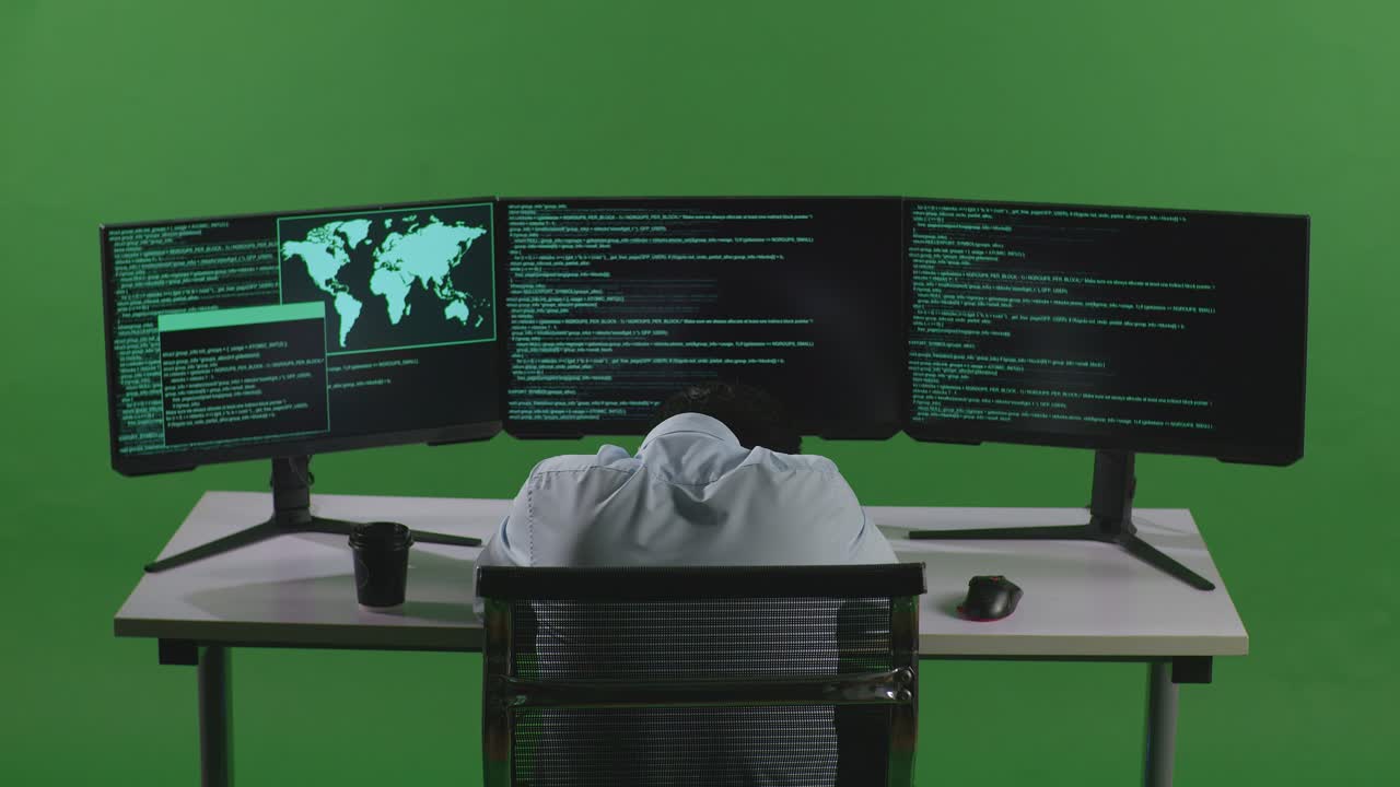 vista trasera de un desarrollador asiático cansado durmiendo mientras escribe código con múltiples pantallas de computadora en el estudio de pantalla verde