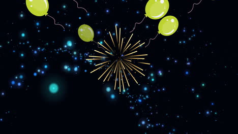 animation of balloons and fireworks over black background with dots