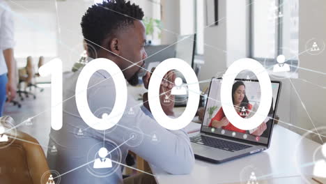 animation of network of connections and numbers over african american businessman in office