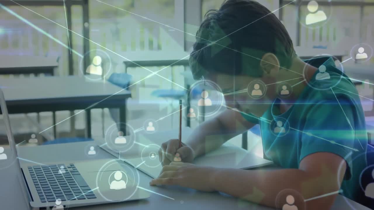 기술 사용을 통해 백인 학생을 통해 연결 네트워크의 애니메이션