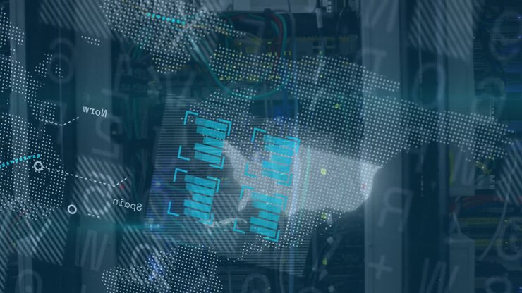 Animation of financial data processing over black background