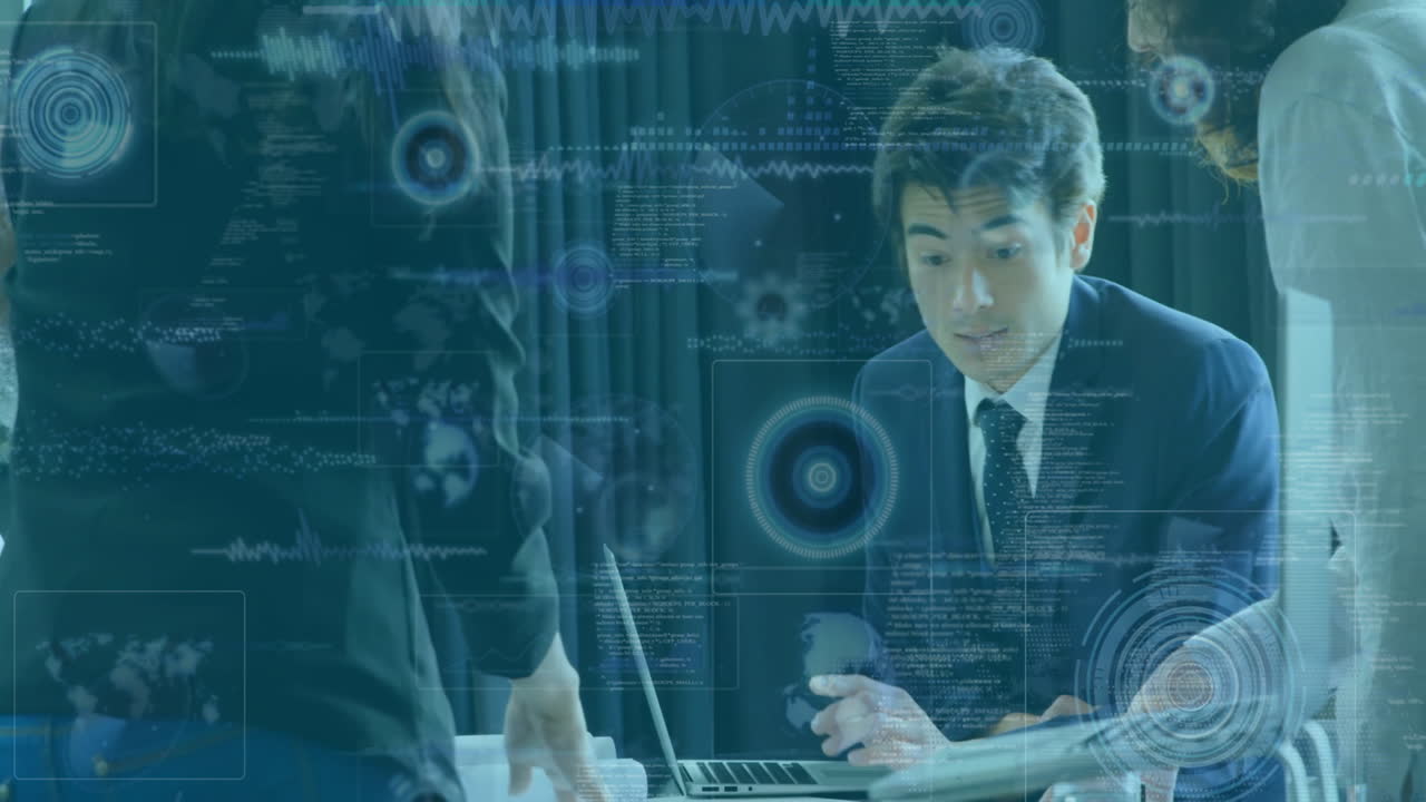 Collaborating with digital data, business team using animation overlay in office