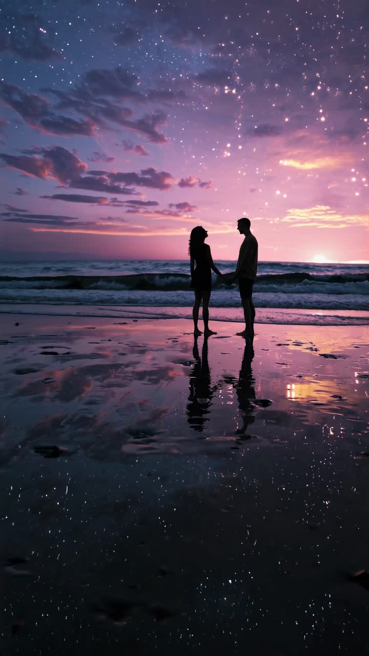 Silhouetted couple holding hands on a beach at sunset, reflecting in wet sand