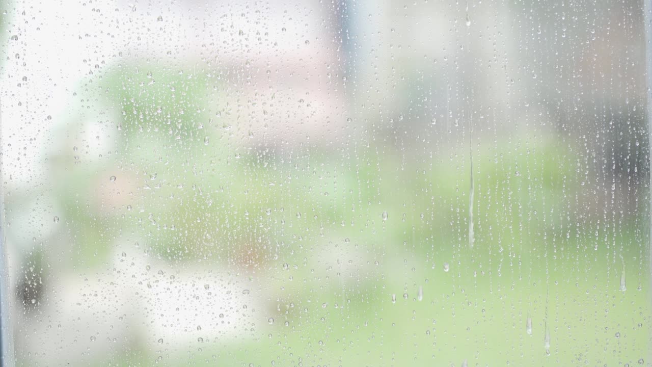 떨어지는 하늘에서 떨어지는 비의 고품질 4k 비디오, 유리 창문에서 천천히 가까운 거리에서 볼 수, 계절의 낮 비.