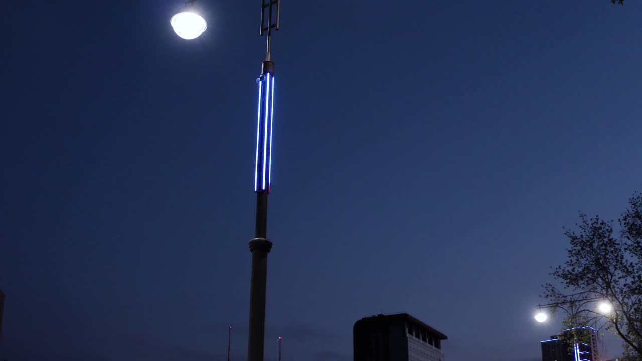 ночная уличная сцена с освещенными столбами ламп