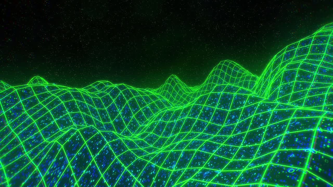 Landscape terrain flyover binary retro video game 3d vector arcade wireframe 4k