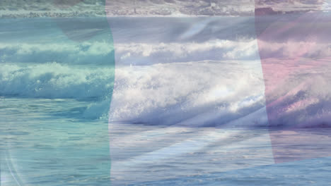 animation of flag of italy blowing over waves in sea