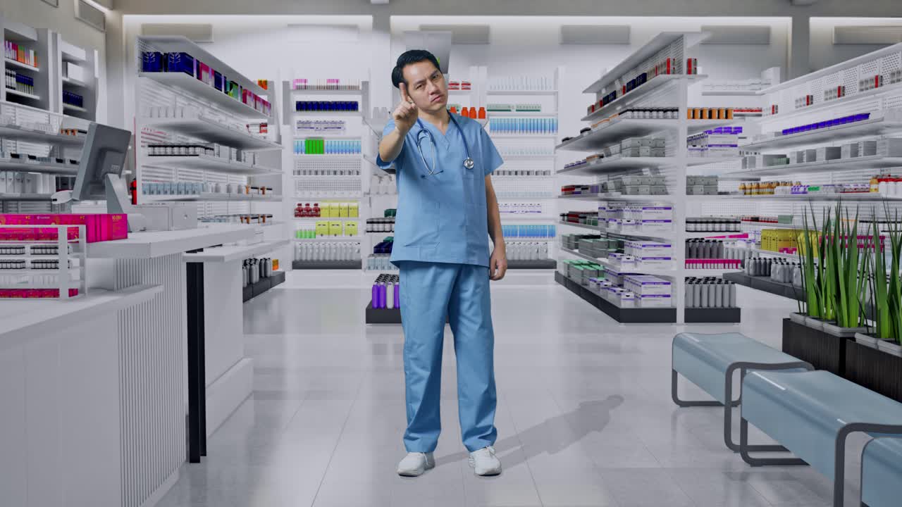 스테토스코프를 들고 약국에 서 있는 아시아 남성 의사의 몸이 가득 차 있습니다.