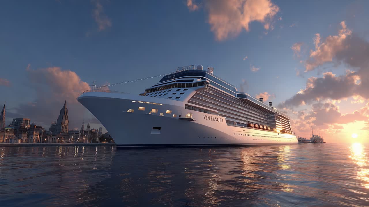 Una maestosa nave da crociera di lusso attraccata al tramonto, che mostra un design elegante sullo sfondo di un cielo mozzafiato con nuvole suggestive e riflessi sull'acqua calma