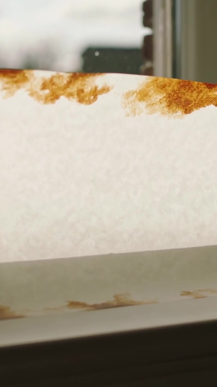 Vertical video: Camera shifting showing white tray with brown crumbs on sill to reveal residue