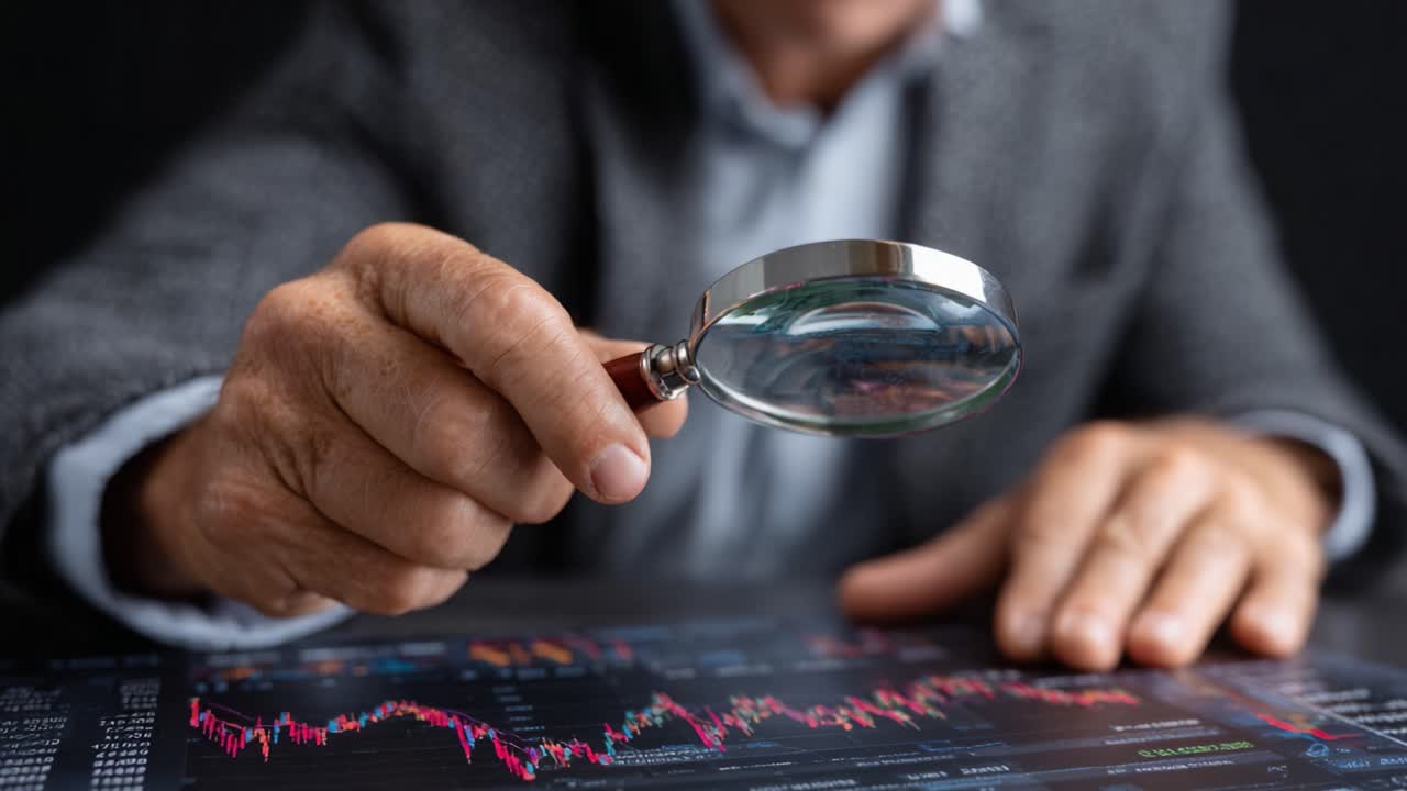Analyzing Financial Trends: A Close-Up View of Market Charts with a Magnifying Glass, Highlighting Key Data Insights and Detailed Observation Techniques