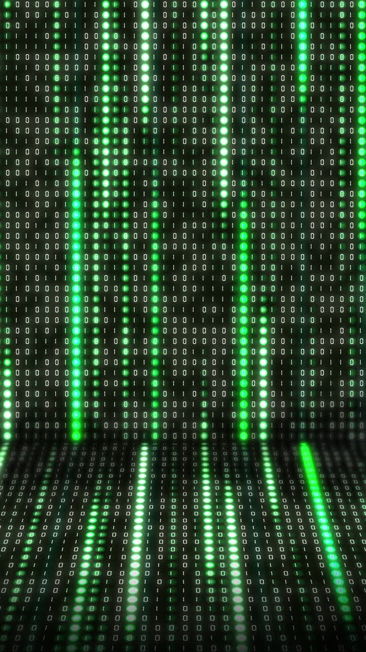 Green round pixels of electronic display with changing software binary code. Colored glowing lines on the screen. Digital abstract looped background. Vertical video.