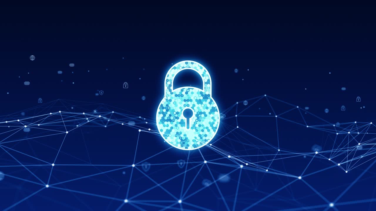 Motion graphic of Blue security key logo with line connection and futuristic technology icon levitation on abstract background concept seamless loop video