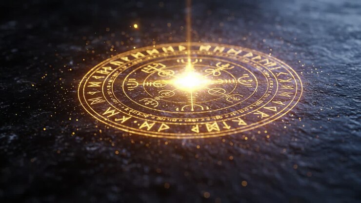 Un simbolo mistico luminoso su una superficie scura: un cerchio enigmatico circondato da particelle scintillanti, che suggerisce magia e antichi segreti