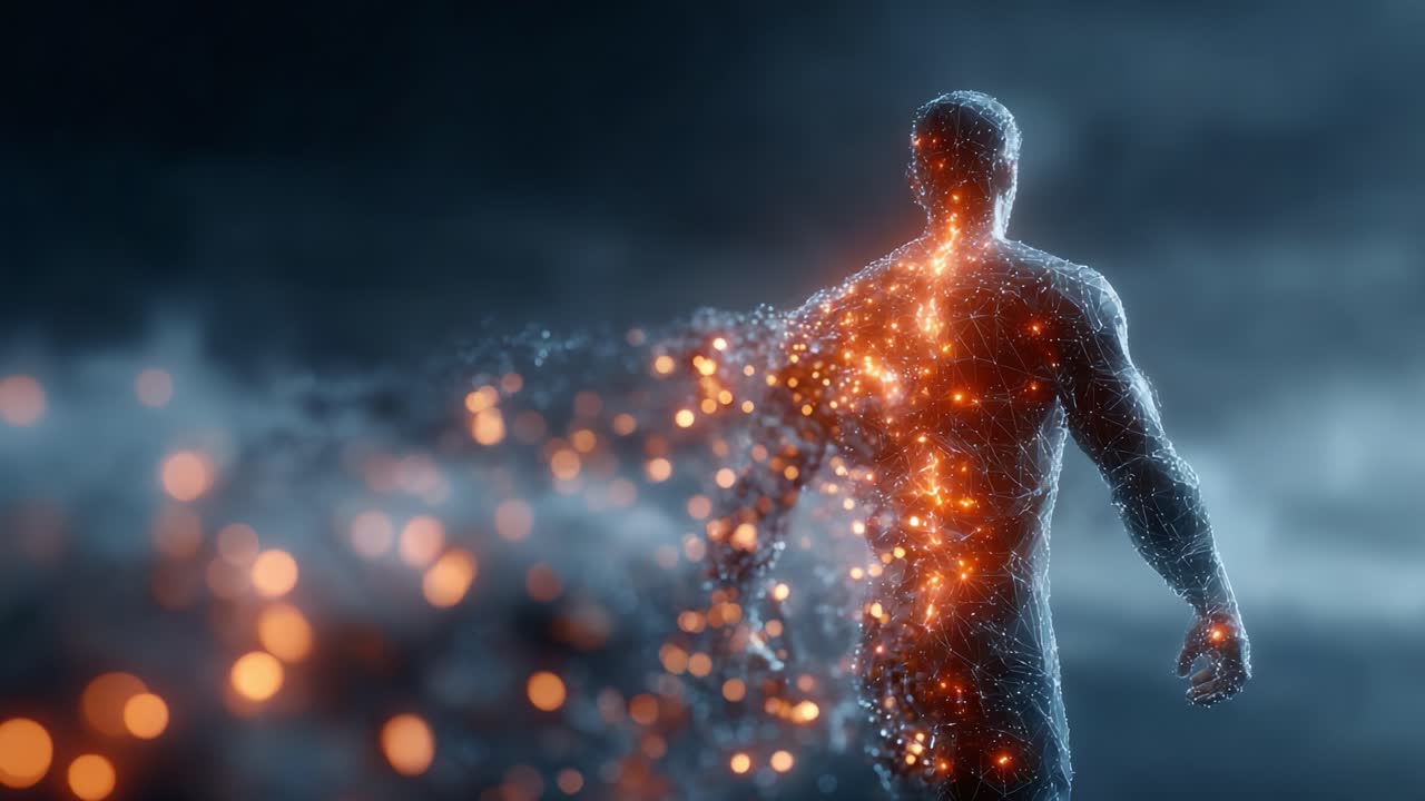 A stunning transformation of a human figure dissolving into particles of light and energy, capturing the essence of digital art and metaphysical concepts of existence