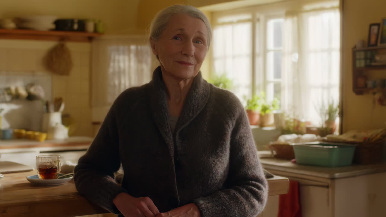 Portrait of a contented elderly woman in her kitchen